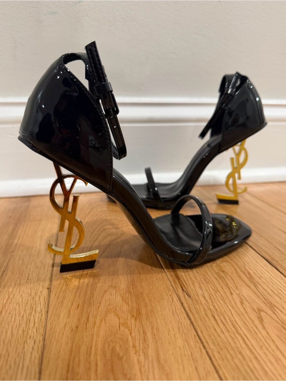 Saint Laurent Black Patent Sandal with Gold YSL Logo Heel - Picture 6 of 11